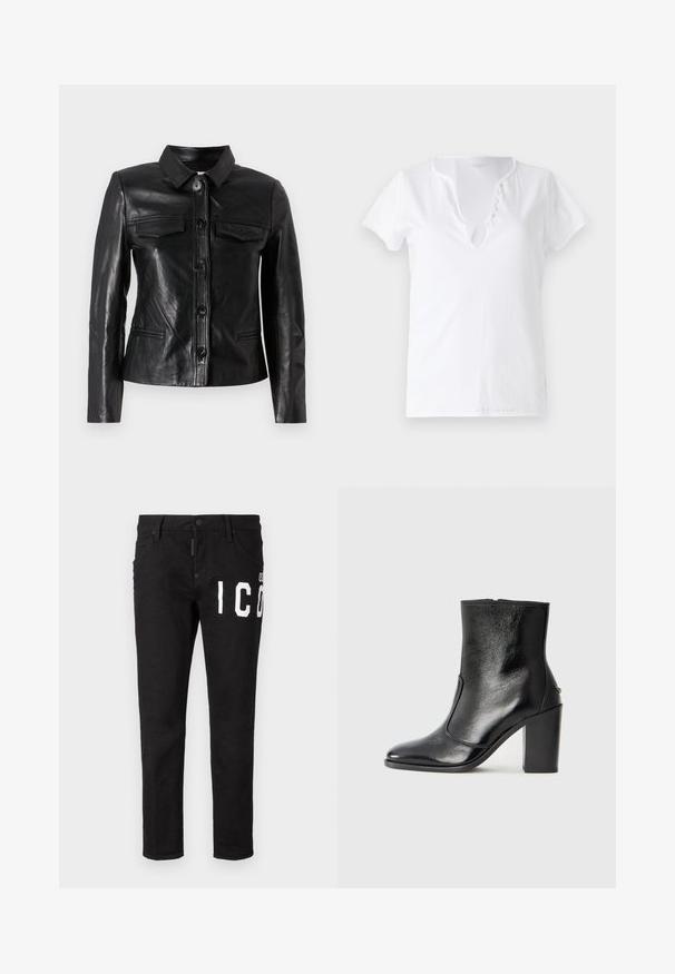Mustat nahkatakki, jossa on kaulus, napitussuljenta edessä, kaksi rintataskua ja sivutaskut. Sileä pinta ja istuva siluetti.; Valkoinen puuvillapaita lyhyillä hihoilla, rento malli ja V-pääntie, jossa on viisi koristeellista nappia.; Musta farkkutakki, jossa on kapea malli. Edessä valkoista graafista tekstiä, viisi taskua ja nappikiinnitys. Tasainen pinta.; Mustat nahka ankle bootit, joissa on sileä pinta, terävä kärki ja paksu korkea korko. Sivusaumassa on avaus ja muuten yksinkertainen muotoilu.
