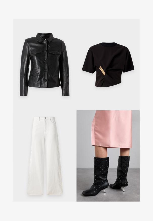 Juodas odinis švarkas su apykakle, priekyje užsegamas mygtuku, dviem krūtinės kišenėmis ir šoninėmis kišenėmis. Lygus paviršius, prigludusi siluetas.; Juoda trumpa marškinėliai su trumpomis rankovėmis, turintys sukimo dizainą ir dekoratyvinę geltoną segtuką puošmeną priekyje.; Balti plačiaki džinsai pagaminti iš denimo, su šoninėmis siuvinėtomis dekoracijomis ir tradicija penkių kišenių dizainu. Su užtrauktuku ir mygtuku.; Juodi iki kelių auliniai batai, pagaminti iš lygios medžiagos, su subtiliu vinukų raštu ir sidabriniu kulnu. Dėvimi su rožinės satino suknelėmis.