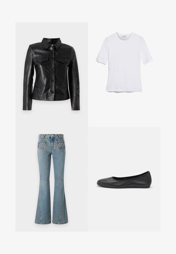 Black leather jacket with a collar, front button closure, two chest pockets, and side pockets. Smooth texture with a fitted silhouette.; White short-sleeve t-shirt made of ribbed fabric. Round neckline, regular fit, and subtle stitching details. No patterns or graphics.; Light blue flared jeans made of denim with a braided waistband and quilted pocket accents. Features a fitted waist and wide legs.; Black leather ballet flat with a rounded toe, smooth texture, minimal stitching detail, and a flexible sole design.
