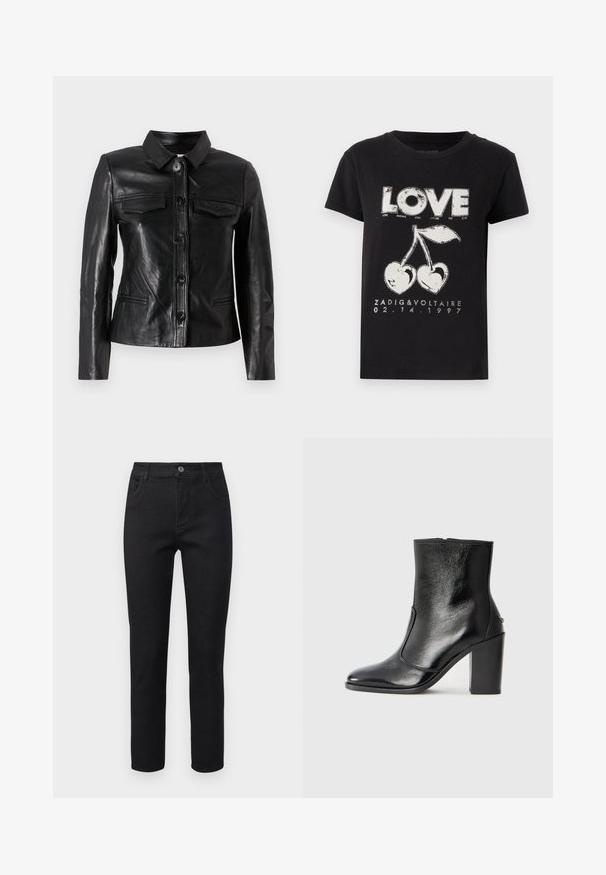Fekete bőrkabát, gallérral, elülső gombos záródással, két mellyzsebbel és oldalsó zsebekkel. Simább textúrájú, testhezálló fazon.; Fekete pamut póló, amelyen a "LOVE" szó fehér grafikával van nyomtatva, két cseresznyével és szívformával, valamint márkanevével és dátumával.; Fekete farmernadrág egyenes szabással, öt zsebbel és gombos záródással. Az anyag sima tapintású és enyhén rugalmas.; Fekete bőr bokacipő sima textúrával, hegyes orral és vastag, magas sarkával. Oldalnyílással és minimalista dizájnnal rendelkezik.