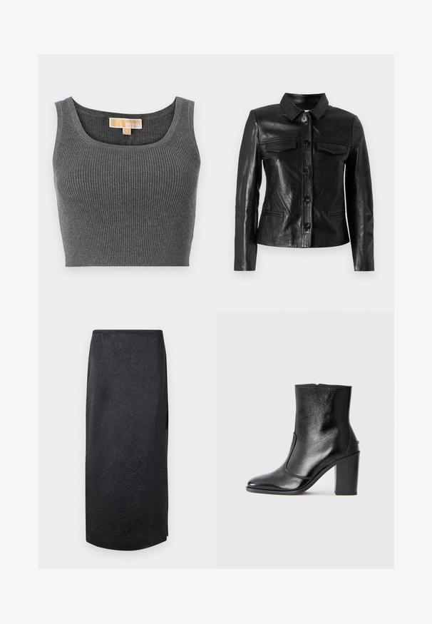 Čierna kožená bunda s golierom, predným zapínaním na gombíky, dvoma náprsními vreckami a bočnými vreckami. Hladká textúra s priliehavým strihom.; Šedý rebrovaný crop top s širokým výstrihom do tvaru lode. Má hladkú textúru a na vnútornom výstrihu je štítok s nápisom "MICHAEL".; Čierna midi sukňa s vrúbkovanou textúrou, rovný strih a bočný rozparok. Materiál vyzerá ľahký. Spodný okraj je mierne zakrivený.; Čierna kožená kotníková obuv s hladkým povrchom, špicatou špičkou a masívnym vysokým podpätkom. Zdobená bočným otvorom a minimalistickým dizajnom.
