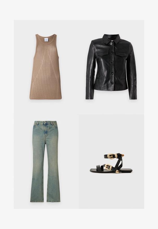 Black leather jacket with a collar, front button closure, two chest pockets, and side pockets. Smooth texture with a fitted silhouette.; Beige, sleeveless knit top with a ribbed texture, featuring an A-line shape and subtle diagonal stitching details.; Light blue denim flare jeans with a high waist, five pockets, and a zip fly. Clean, faded finish with subtle stitching details.; Black leather sandals with gold buckle accents, featuring multiple straps and a flat sole design for open-toe wear.