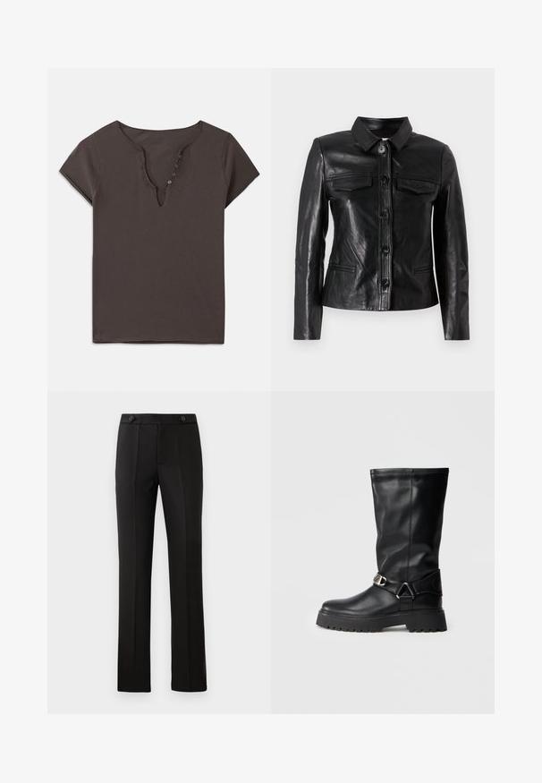 Čierna kožená bunda s golierom, predným zapínaním na gombíky, dvoma náprsními vreckami a bočnými vreckami. Hladká textúra s priliehavým strihom.; Tmavo šedé bavlnené tričko s V-výstrihom, krátkymi rukávmi a radom gombíkov na prednej strane. Mäkká textúra a ležérny dizajn.; Čierne nohavice na mieru so rovnými nohavicami, dvoma prednými vreckami, gombíkovým zapínaním a skladaním na prednej strane. Hladká textúra látky.; Čierne vyššie čižmy z hladkej kože, s detailom prackou na boku a hrubou, textúrovanou podrážkou pre lepšiu priľnavosť.