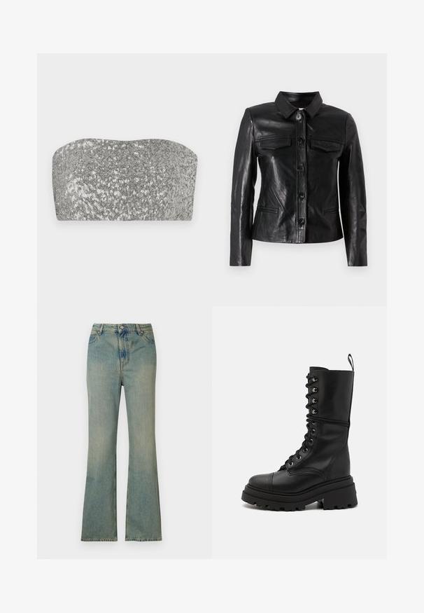 Veste en cuir noir avec un col, fermeture par boutons sur le devant, deux poches poitrine et des poches latérales. Texture lisse avec une silhouette ajustée.; Haut bandeau en sequins argentés avec un design incurvé, une texture lisse et une finition scintillante. Présente une silhouette simple sans bretelles.; Jean flare en denim bleu clair à taille haute, cinq poches et fermeture éclair. Fini propre et décoloré avec des détails de couture subtils.; Bottes en cuir noir à lacets avec une semelle crantée épaisse, tige haute et surface texturée, dotées d'œillets métalliques et d'une languette.