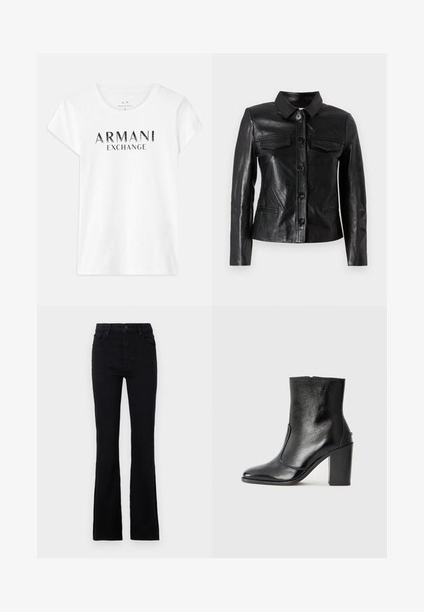 Chaqueta de cuero negra con cuello, cierre frontal de botones, dos bolsillos en el pecho y bolsillos laterales. Textura suave con un corte ajustado.; Camiseta de algodón blanca con mangas cortas, que presenta el logotipo impreso "ARMANI EXCHANGE" en negro en la parte frontal. Diseño clásico de cuello redondo.; Vaqueros acampanados negros fabricados en una mezcla de algodón. Cuenta con un cierre de botón, trabillas para cinturón y dos bolsillos frontales para un uso práctico.; Botín negro de cuero con textura suave, puntera puntiaguda y un tacón alto y robusto. Presenta una apertura lateral y un diseño minimalista.