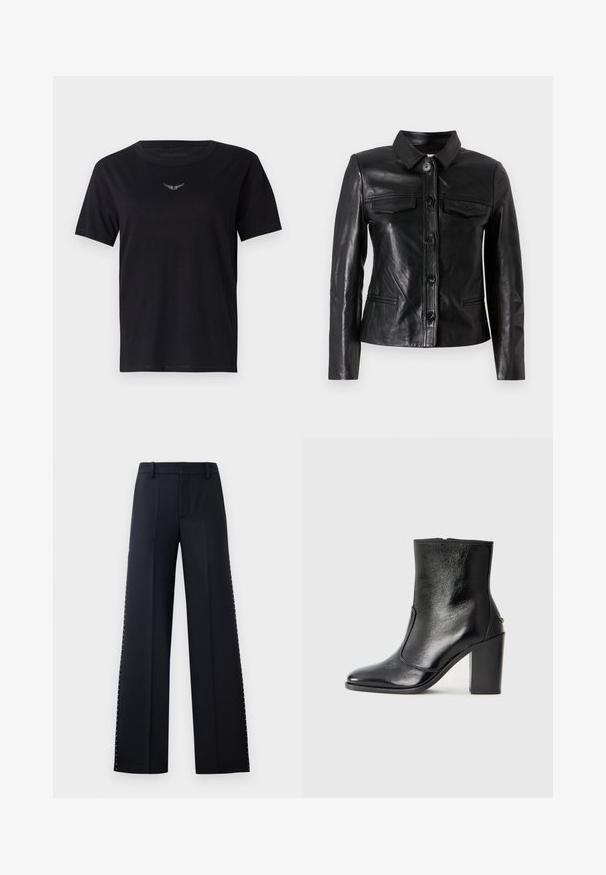 Chaqueta de cuero negra con cuello, cierre frontal de botones, dos bolsillos en el pecho y bolsillos laterales. Textura suave con un corte ajustado.; Camiseta de algodón negra con cuello redondo, mangas cortas y un sutil logo texturizado en plata en el pecho. Acabado de tela suave.; Pantalones de pierna ancha en negro. Corte entallado con una textura suave. Presenta una fila de remaches metálicos a lo largo de las costuras laterales como detalle.; Botín negro de cuero con textura suave, puntera puntiaguda y un tacón alto y robusto. Presenta una apertura lateral y un diseño minimalista.