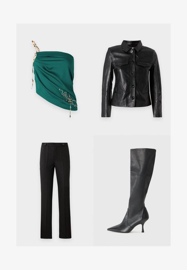 Čierna kožená bunda s golierom, predným zapínaním na gombíky, dvoma náprsními vreckami a bočnými vreckami. Hladká textúra s priliehavým strihom.; Mäkká tyrkysová blúzka so štruktúrovanou tkaninou, nastaviteľnými korálkovými ramienkami a vyšívanými detailmi v kontrastných farbách popri leme.; Čierne nohavice na mieru so rovnými nohavicami, dvoma prednými vreckami, gombíkovým zapínaním a skladaním na prednej strane. Hladká textúra látky.; Čierne kožené čižmy do výšky kolien s špicatou špičkou a úzkym stiletto podpätkom. Hladká textúra s priliehavým dizajnom a prešitím na vrchnom okraji.