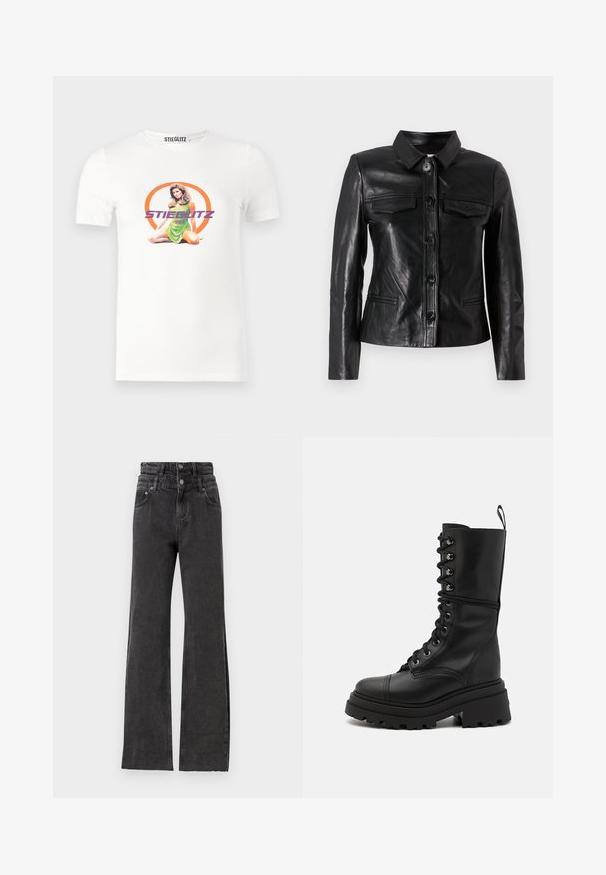 Juodas odinis švarkas su apykakle, priekyje užsegamas mygtuku, dviem krūtinės kišenėmis ir šoninėmis kišenėmis. Lygus paviršius, prigludusi siluetas.; Balta medvilninė marškinėliai su grafinio atspaudo, kuriame pavaizduota sėdinti moteris žalia suknelė, apsupta oranžinės spalvos rato ir violetiniu tekstu.; Juodos aukštos liemens džinsai pasižymi tiesiogine kojų forma, subtiliomis nudilimo detalėmis ir metaliniu mygtuku liemens srityje.; Juodos odinės batų su raišteliais, masyviu padu, aukšta viršūne ir tekstūruota paviršiumi, su metaliniais akinių užsegimais ir patogiu nuleidimo užtrauktuku.