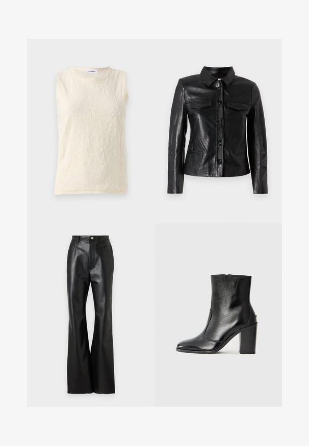 Fekete bőrkabát, gallérral, elülső gombos záródással, két mellyzsebbel és oldalsó zsebekkel. Simább textúrájú, testhezálló fazon.; Ujjatlan felső világos krém színben, texturált anyagból, virágos mintával. Szükséges a kerek nyakú kivágás és a látható varrások részletessége.; Fekete bőr flared nadrág sima felülettel, elülső zsebekkel és kontrasztos varrással. Gombos záródással és strukturált derékpánttal rendelkezik.; Fekete bőr bokacipő sima textúrával, hegyes orral és vastag, magas sarkával. Oldalnyílással és minimalista dizájnnal rendelkezik.