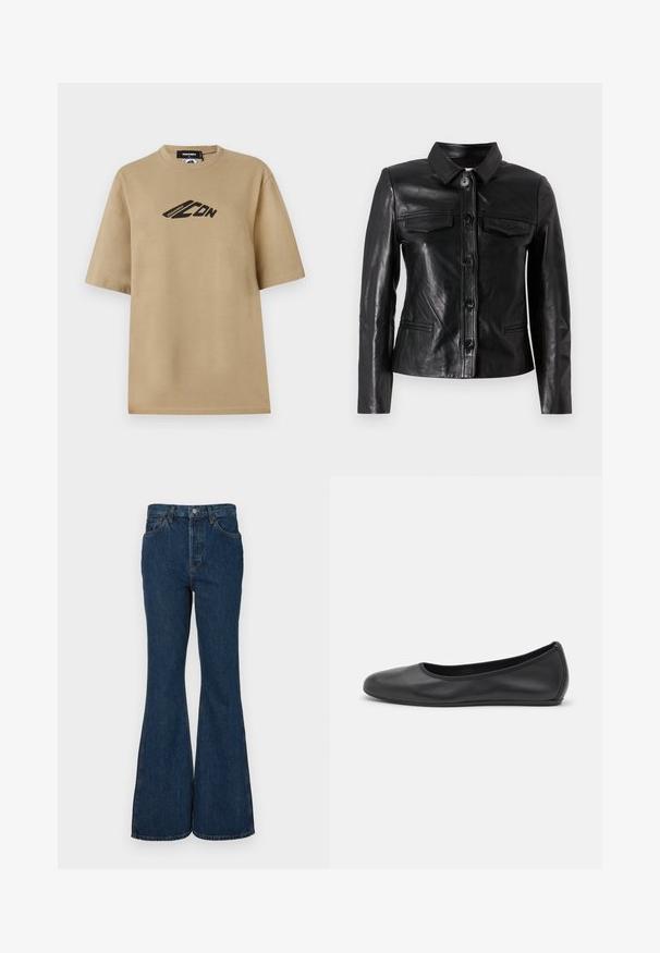 Schwarze Lederjacke mit Kragen, vorderer Knopfverschluss, zwei Brusttaschen und Seitentaschen. Glatte Textur mit taillierter Silhouette.; Beige Baumwoll-T-Shirt mit kurzen Ärmeln, das ein schwarzes grafisches Logo auf der Vorderseite aufweist. Klassisches Rundhalsdesign und lockere Passform.; Dunkelblaue Schlagjeans aus Denim. Merkmale sind ein hoher Taillenbund, fünf Taschen und Kontraststiche. Glatte Textur und saubere Verarbeitung.; Schwarze Leder-Ballettschuhe mit abgerundeter Spitze, glatter Textur, minimalen Nähdetails und einem flexiblen Sohlen-Design.