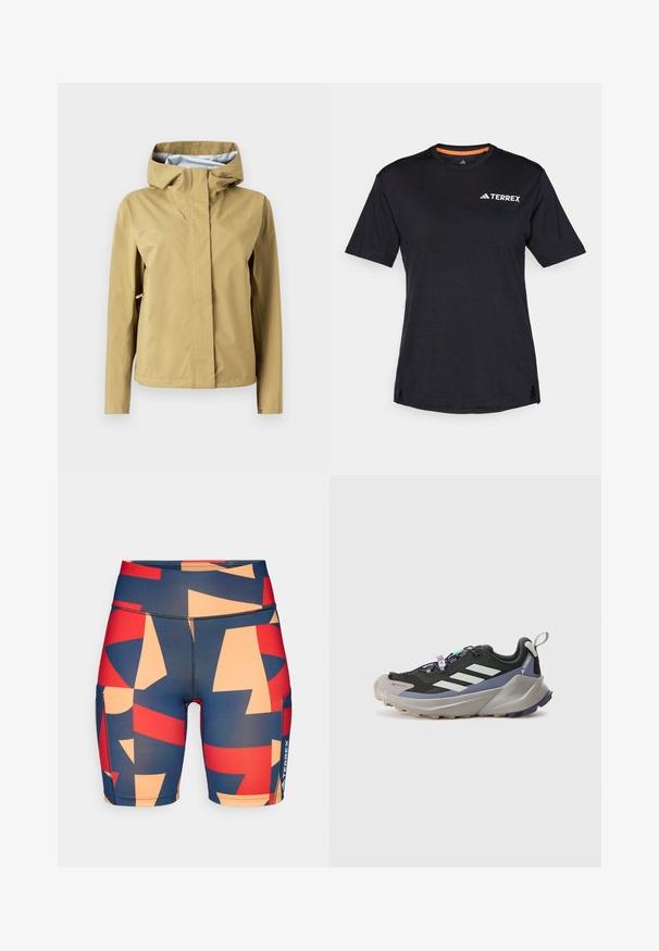 Ūdensizturīga, gaiši brūna jaka ar kapuci, priekšējo rāvējslēdzēju un regulējamām detaļām. Gluda tekstūra, minimālistisks dizains ar logotipa detaļu.; Melns īsām piedurknēm T-krekls ar apaļu dekoltē, ar smalku heather tekstūru un baltu "TERREX" logo augšējā kreisajā pusē.; Krāsainas, rakstotas šortus ar abstraktiem motīviem navy, sarkanā un persiku tonī. Izgatavoti no elastīga auduma ar gludu tekstūru.; Melnas sporta kurpes ar Gore-Tex augšdaļu, baltām svītrām, purpursarkanām akcentiem, biezā pelēkā vidussole un teksturēta pelēka ārējā zole, kas nodrošina saķeri.