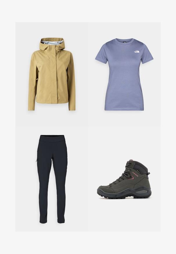 Wasserabweisende, hellbraune Jacke mit Kapuze, Frontreißverschluss und verstellbaren Details. Glatte Textur, minimalistisches Design mit Logodetail.; Hellblaues kurzärmliges T-Shirt aus Baumwolle mit rundem Ausschnitt und kleinem weißen Logo auf der Brust. Schmusetextur.; Schwarze Sporthose im Slim-Fit, mit elastischem Bund und einer seitlichen Gesäßtasche mit Reißverschluss. Glattes, dehnbares Material mit minimalen Nähten.; Grüner Wanderschuh mit hohem Knöcheldesign, aus Leder und synthetischem Material, Gummisohle und Metallösen für die Schnürsenkel. Minimale Akzente.