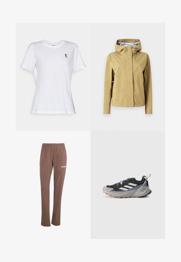 Vodoodporna svetlo rjava jakna s kapuco, sprednjo zadrgo in nastavljivimi elementi. Gladek tekstura, minimalističen dizajn z logotipom.; Bela bombažna majica s kratkimi rokavi, okrogli izrez, ki na levi strani prsnega dela vsebuje majhno večbarvno vezenje ptice.; Rjave tehnične hlače z elastičnim pasom, žepki na zadrgo in belimi logotipskimi detajli. Narejene so iz gladkega, lahkega materiala.; Črne športne čevlje z Gore-Tex zgornjim delom, belimi črtami, vijoličnimi akcenti, debelim sivim srednjim podplatom in strukturiranim sivim zunanjim podplatom za boljši oprijem.