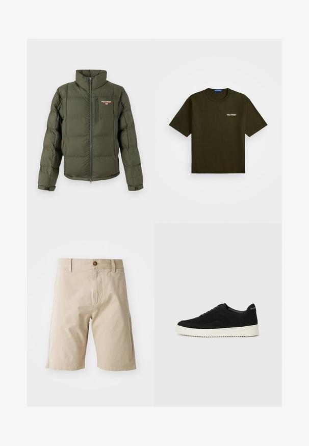 Maslinasto zelena puhovka z visokim ovratnikom, z zadrgo spredaj in žepom na prsih. Ima quilted teksturo in logotip 'POLO SPORT'.; Temno olivno zelena kratka majica s kratkimi rokavi, okroglim izrezom in majhnim belim logotipom "Polo Sport Ralph Lauren" na levi strani prsnega dela.; Bež hlače iz bombaža s gumbom, zanko za pas in stranskimi žepi; gladka tekstura in ravna silhueta.; Črni semiš teniški copati z vezalkami in kontrastnim belim gumijastim podplatom. Imajo teksturirane stranske panele in subtilno oznako na peti.