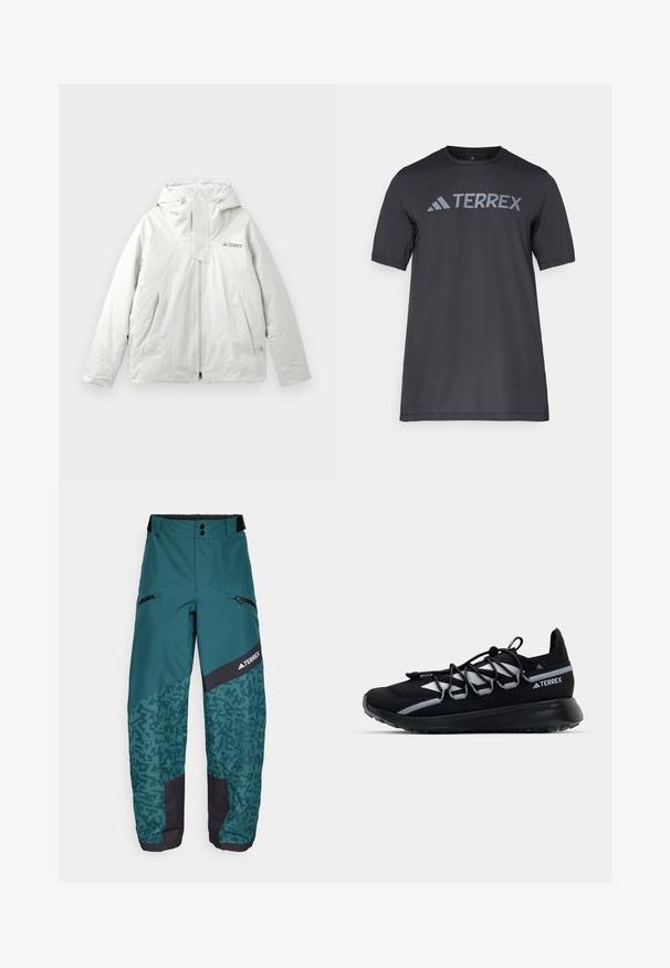 Svetlo šedá vonkajšia bunda s kapucňou, predným zipsom, dvoma šikmými prednými vreckami a logom "TERREX" na hrudi.; Čierne tričko s krátkym rukávom vyrobené z ľahkého materiálu, s svetlo šedým logom "TERREX" na hrudi a klasickým výstrihom.; adidas Terrex PANTS - Lyžiarske nohavice - aurora ivy/preloved teal; Čierna športová obuv s vrchnou časťou z mäkkej sieťoviny, reflexné detaily, elastické šnúrky a textúrovaná gumová podrážka. Vyznačuje sa štíhlym dizajnom pre vysoký výkon.