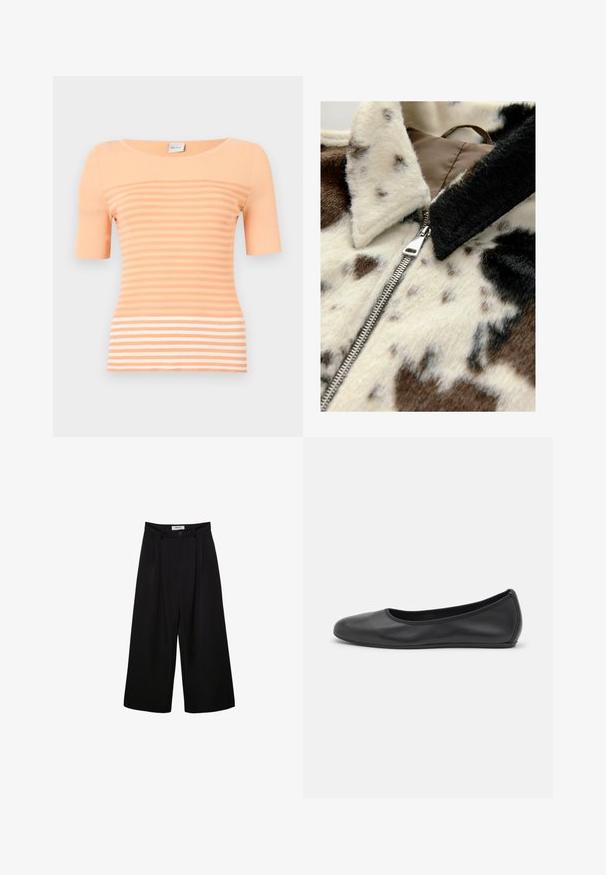 Jakna iz umetnega krzna z odtisom kravjega vzorca v kremni in rjavi barvi, s srebrnim zadrgo in črnimi ovratnikom, ki poudarja mehko teksturo in raznolike vzorce.; Breskvaste barve rebrasta majica s kratkimi rokavi. Ima horizontalne črte v različnih odtenkih, ki ustvarjajo teksturiran vzorec.; Črne široke hlače s visokim pasom, sploščeno spredaj in gumbom za zapiranje. Narejene so iz gladkega materiala s krojem po meri.; Črne usnjene balerinke z zaobljenim nosom, gladko teksturo, minimalnimi šivi in fleksibilno zasnovo podplata.