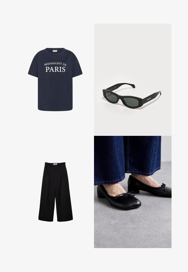 Faux fur jakke med cremet og brun kvægprint, med en sølv lynlås og sort krave, der fremhæver den bløde tekstur og varierende mønstre.; Marineblå bomulds t-shirt med rund halsudskæring og korte ærmer, med hvid tekst "MIDNIGHT IN PARIS" på forsiden.; Sorte brede bukser med høj talje, plisseret front og knaplukning. Lavet af glat stof med en skræddersyet design.; Sorte lædersko med firkantet tå og lille hæl, prydet med en dekorativ sløjfe foran. Båret med mørke denimbukser.; Sorte rektangulære solbriller med grønne linser, der har markante stel og guld "VERSACE" branding på stængerne.