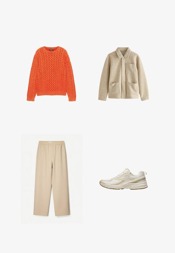 Beige Wolle-Mix-Jacke mit spitzem Kragen, fünfknöpfiger Vorderseite, zwei Fronttaschen und einer Brusttasche. Weiche Textur und lockere Passform.; Oranger gestrickter Pullover mit einem strukturierten Zopfmuster, runden Ausschnitt und gerippten Bündchen und Saum. Hergestellt aus weichem, warmem Stoff.; Beige Weite-Hose mit einem elastischen Bund, aus weichem Stoff gefertigt, mit glatter Textur und minimalen Nähten.; Weiße Sportschuhe aus Mesh und synthetischem Material, mit einer abgerundeten Zehe, gepolsteter Sohle und beigen Akzenten an den Seiten.