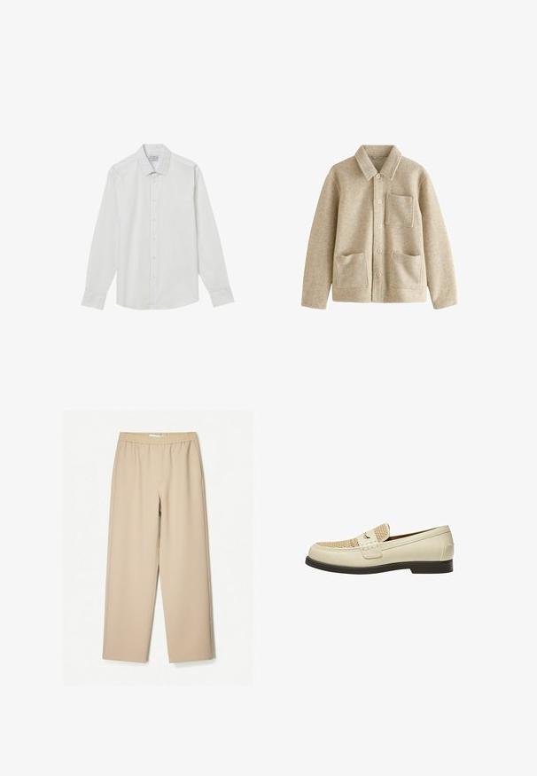 Veste en mélange de laine beige avec un col pointu, un devant à cinq boutons, deux poches avant et une poche poitrine. Texture douce et coupe décontractée.; Chemise blanche à manches longues en tissu léger, dotée d'un col classique, d'un bouton devant et de poignets à un bouton.; Pantalons larges beiges avec une taille élastique, fabriqués en tissu doux, avec une texture lisse et des détails de couture minimaux.; Mocassins en cuir beige avec un détail tissé sur le bout et une semelle plate marron. Présente une sangle décorative à l'avant.