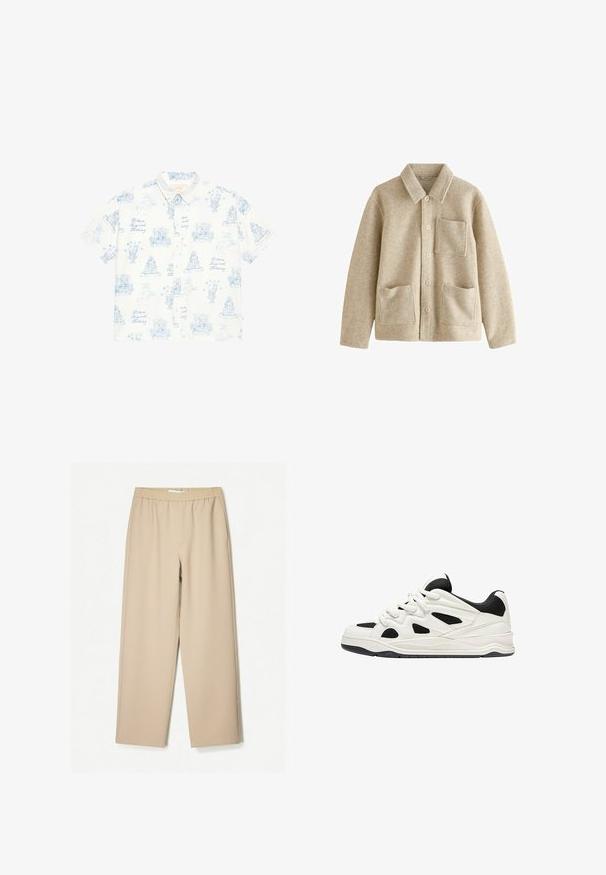 Beige uldblandingsjakke med spids krave, fem-knap front, to forlommer og en brystlomme. Blød tekstur og afslappet pasform.; Kortærmet skjorte med knapper i hvid med lyseblå trykte skitser, der viser forskellige udendørsscener, blomster og dekorative elementer.; Beige vidde-bukser med elastisk talje, lavet af blødt stof og med en glat overflade og minimale syninger.; Hvide og sorte atletik sko med en tekstureret sål, der har udskårede designs på siderne og snørebånd, samt en polstret hæl for støtte.