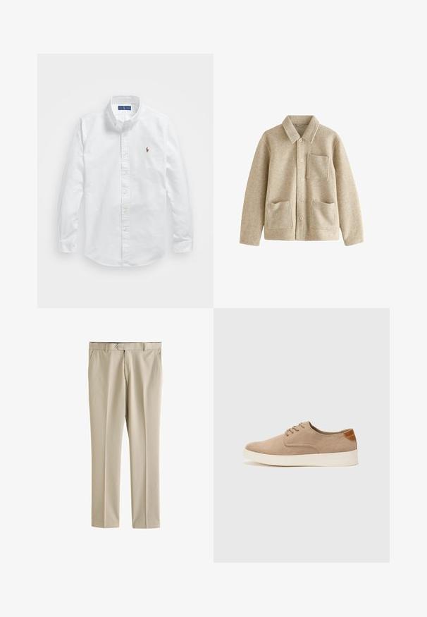 Bežinės vilnos mišinys švarkas su smailiu apykakle, penkiais mygtukais priekyje, dviem priekinėmis kišenėmis ir viena krūtine kišene. Minkšta tekstūra ir laisvas kirpimas.; Balti medvilnės marškiniai su sagomis, klasikiniu apykakle, ilgomis rankovėmis ir mažuoju siuvinėjimu kairėje krūtinės pusėje.; Next Kelnės - neutral; Bežiniai zomšiniai sportbačiai su apvaliomis pirštų dalimis, raišteliais priekyje ir tekstūruotu užkulniu. Balta guma suteikia kontrastą. Paprastas ir modernus dizainas.