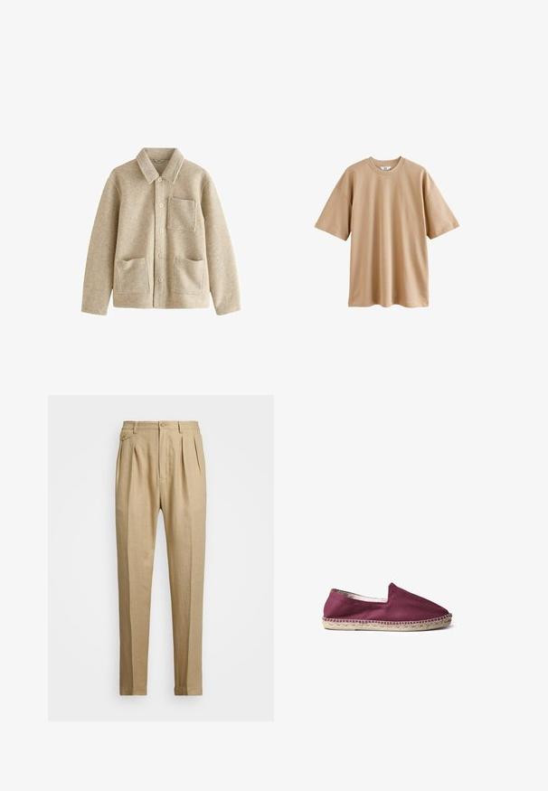 Vaaleanbeige villasekoitek Takki, jossa on terävä kaulus, viisi nappia edessä, kaksi etutaskua ja rintatasku. Pehmeä tekstuuri ja rento istuvuus.; Vaaleanbeige lyhythihainen t-paita, joka on valmistettu puuvillasta, pyöreällä kaula-aukolla ja rentoa istuvuutta. Materiaali on sileä, eikä siinä ole kuvioita tai koristeita.; Vaaleat pellavahousut suoralinjaisella leikkauksella, joissa on kaksi etukaitaletta, nappikiinnitys ja sivutaskut. Rakenteellinen kangas, jossa on sileä pinta.; Toni Pons MONTGRI - Loaferit/pistokkaat - bordeaux