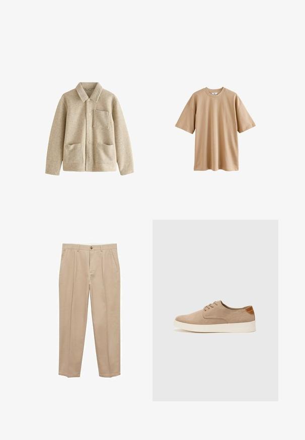 Bela jakna iz volnenega mešanega materiala s koničastim ovratnikom, petimi gumbi spredaj, dvema sprednjima žepoma in žepom na prsih. Mehak material in sproščen kroj.; Bež majica s kratkimi rokavi, izdelana iz bombaža, z okroglo ovratnikom in sproščenim krojem, z gladko teksturo in brez vzorcev ali poudarkov.; Bež chinos hlače iz bombaža s ravnim krojem. Imajo sprednje žepe, zapiranje na gumb in gladko teksturo.; Bež tkanine usnjene superge z zaobljenim nosom, vezalkami na sprednji strani in teksturiranim zadnjim detajlom. Belo gumijasto podplato zagotavlja kontrast. Enostaven in sodoben dizajn.