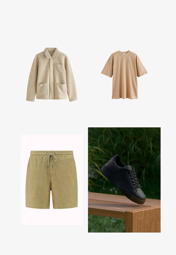 Beige, gyapjú keverék kabát, hegyes gallérral, öt gombos elülső résszel, két elülső zsebbel és egy mellzsebbel. Puha tapintás és laza fazon.; Rövid ujjú bézs póló, pamutból készült, kerek nyakkal és laza szabással. Simább textúrával rendelkezik, minta vagy díszítés nélkül.; Puha, olíva zöld szövetből készült törölközőnadrág. Az derékrészén húzózsinór található fém végződésekkel, oldalsó zsebekkel és laza illeszkedéssel rendelkezik.; Fekete bőr sportcipő fűzőkkel látszólag lebeg egy fa pad felett, a zöld fű és növények homályos háttérben.