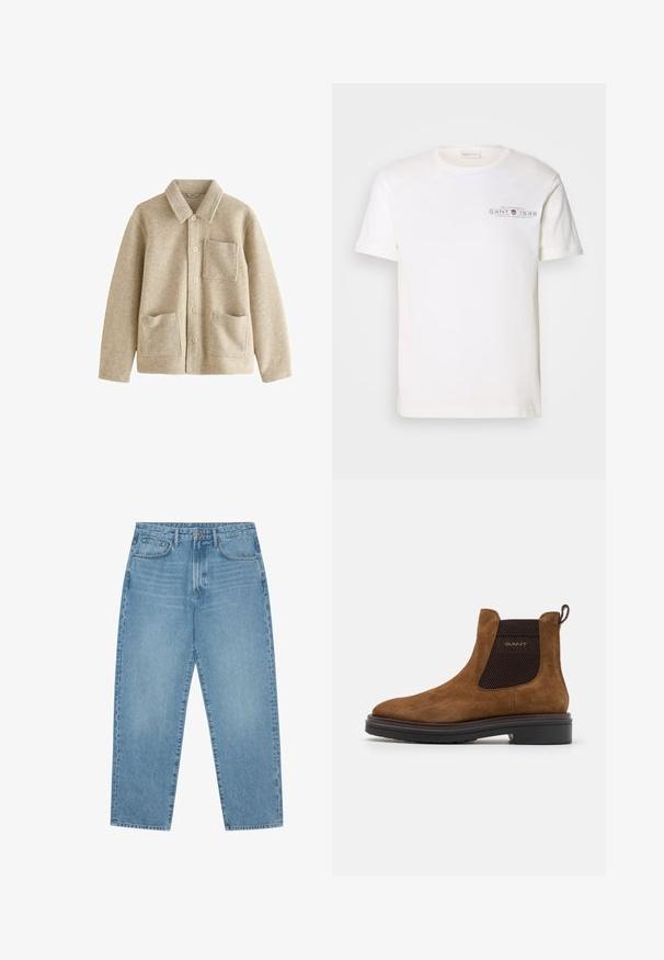 Bela jakna iz volnenega mešanega materiala s koničastim ovratnikom, petimi gumbi spredaj, dvema sprednjima žepoma in žepom na prsih. Mehak material in sproščen kroj.; Bela bombažna majica s kratkimi rokavi in okroglim izrezom, s tiskanim logotipom. Ima minimalističen dizajn in udoben kroj.; Svijetloplavi traper široki traperice s visokim strukom, s pet džepova, petljama za remen i mekom, pomalo izblijedjelom teksturom.; Rjava nubuk ankel čevlja z zaobljenim prstom in elastičnimi stranskimi paneli. Ima črn teksturiran poudarek in zanko na zadnji strani. Črn podplat.