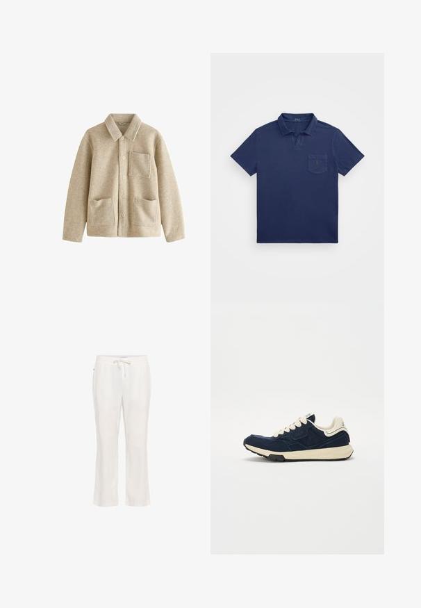 Beige wolmixjas met een spitse kraag, vijf knopen aan de voorkant, twee voorzakken en een borstzak. Zachte textuur en een relaxed pasvorm.; Navyblauwe poloshirt met een korte kraag, een borstzak en een geborduurd logo. Gemaakt van een zachte, gestructureerde stof.; Lichtgewicht, witte linnen broek met een elastische tailleband en een trekkoord. Rechte pijp ontwerp met een gladde textuur en geen opmerkelijke patronen.; Marineblauwe sneaker met een gestructureerde leren bovenkant, crèmekleurige veters en een beige middenzool. Beschikt over een klassiek atletisch ontwerp en rubberen loopzool.