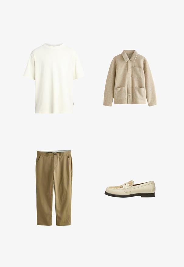 Beige wolmixjas met een spitse kraag, vijf knopen aan de voorkant, twee voorzakken en een borstzak. Zachte textuur en een relaxed pasvorm.; Korte mouwen, ronde hals t-shirt in gebroken wit, gemaakt van zacht katoen, met een rechte snit en een minimalistisch ontwerp zonder patronen.; Khaki chino's van een katoenmix, uitgerust met twee zijzakken, een knoopsluiting, rechte pijpen en een gladde textuur.; Beige leren instappers met een geweven detail op de neus en een vlakke bruine zool. Voorzien van een decoratieve riem aan de voorkant.