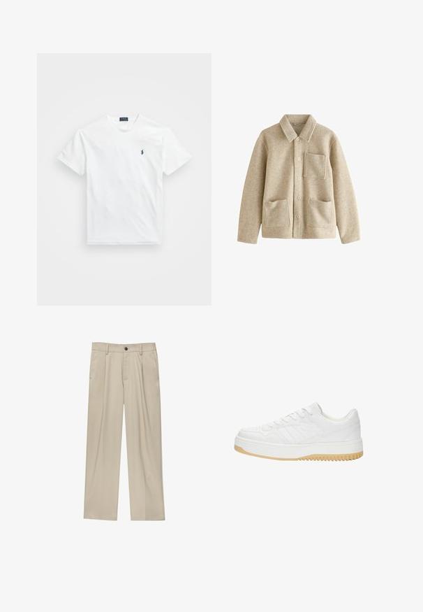 Beigeull-bland jacka med spetsig krage, femknappsförslutning, två framfickor och en bröstficka. Mjuk textur och avslappnad passform.; Vit bomulls T-shirt med rund hals, korta ärmar och en liten marinblå logotyp på vänster bröst. Slät textur, enkel design.; Beiga byxor med rak passform, utrustade med en enda svart knapp, bältesöglor och sidofickor. Slät tygkänsla och minimalistisk design.; Vit lädersneaker med en texturerad yta, som har en gummisula, snördesign och subtila randaccenter på sidorna.