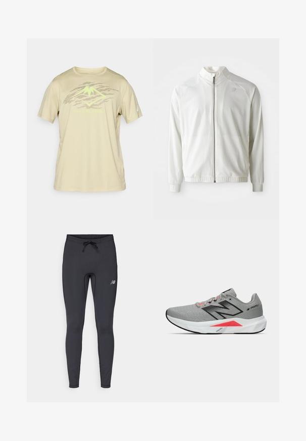 Hvit idrettsjakke med glidelås foran, høy krage, elastiske mansjetter og kant; har en subtil logo på øvre venstre bryst.; ASICS FUJITRAIL LOGO TOP - T-skjorte til trening - khaki; Svart treningstights laget av elastisk stoff. Har en snor i livet og en liten reflekterende logo på høyre lår.; Grå idrettssko med teksturert mesh-overdel, svarte detaljer, rosa detaljer og en hvit polstret såle med et karakteristisk trekantet design.