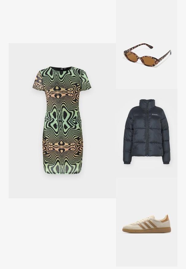 Melna pūkains mētelis ar augstu apkakli, rāvējslēdzēja priekšpusi un elastīgām piedurknēm. Iespraustie horizontālie šuvumi un logo uz krūtīm.; Īsām piedurkņu kleita zaļā, melnā un persiku krāsā ar griezošu rakstu. Iekļauj pieguļošu dizainu un apaļo kakla izgriezumu; izgatavota no teksturētas auduma.; Beige zamšas tenisu ar gaiši brūniem akcentiem. Iezīmē trīs brūnas svītras, teksturēta gumijas zole un noapaļota purngala dizains.; Tortoiseshell saulesbrilles ar ovālu stiklu, brūnganiem toņiem, plāniem rokām ar faktūras rakstu, viegla plastmasas apmale.