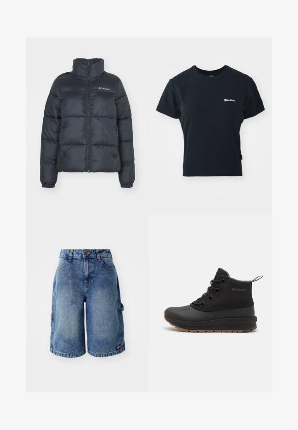 Melna pūkains mētelis ar augstu apkakli, rāvējslēdzēja priekšpusi un elastīgām piedurknēm. Iespraustie horizontālie šuvumi un logo uz krūtīm.; Melns kokvilnas T-krekls ar īsām piedurknēm, apaļu kakla izgriezumu un mazu baltu izšuvumu uz krūškurvja. Klasisks, piegulošs dizains.; Gaišzilas džinsu šorti ar brīvu piegulšanu, piecām kabatām un pogu aizdari. Ievērojama diegu dekorācija un neliels logo uzlīme.; Melnas potītes zābaki, izgatavoti no sintētiska materiāla, ar gludu purngala daļu, teksturētām malām, melnām šņorēm un gumijas zoli ar brūnu rakstu.