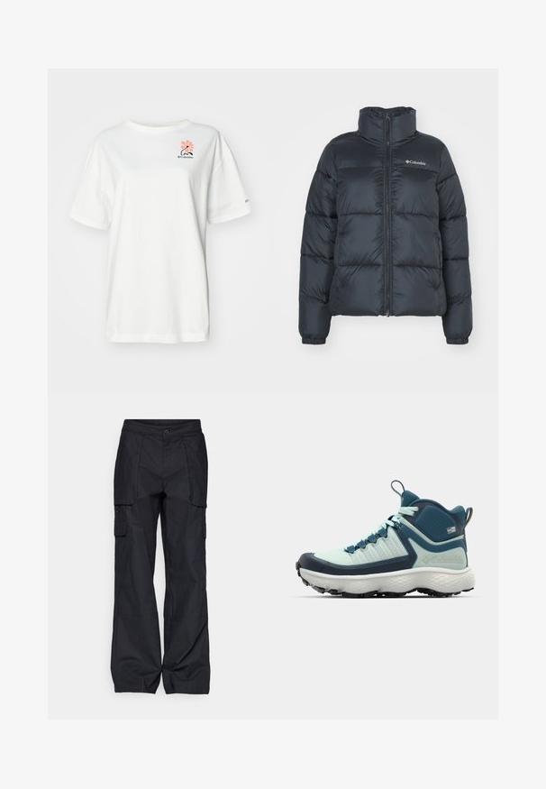 Must puffer jope kõrge krae, lukuga esikinnitus ja elastsed mansetid. Omab horisontaalset tikkimist ja logo rinnal.; Valge lühikeste varrukatega t-särk, mis on valmistatud puuvillast, millel on roosa lillemuster ja väike must logo vasakul rinnakorvil.; Columbia BREA FALLS™ COTTON RIPSTOP PANT - Õuepüksid - black; Meeste matkamine kingad heledas teal ja tumesinis. Omab tekstureeritud pealsdosa, vormitud kummist varbakatet ja agressiivset välisolekut haarde tagamiseks.