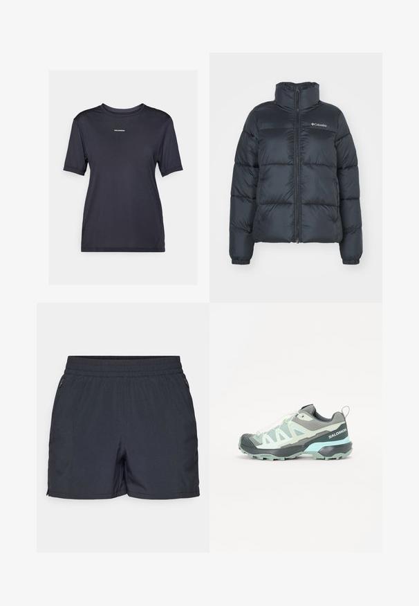 Mustapufferitakki korkean kauluksen, vetoketjullisen etuosan ja elastisten hihansuiden kanssa. Sisältää vaakasuorat tikkaukset ja logon rinnassa.; Musta lyhythihainen urheilupaita, joka on valmistettu kevyestä kankaasta. Paidassa on pyöreä kaula-aukko ja pieni brändilogo edessä.; Tummanharmaat lyhyet housut, jotka on valmistettu kevyistä materiaaleista. Niissä on joustava vyötärö, vetoketjulliset sivutaskut ja suoraviivainen leikkaus.; Kevyt polkujuoksukenkä harmaana ja mintunvihreänä. Varusteena verkkokangas yläosa, kestävä kumipohja ja nauhakiinnitys. Brändilogo kannassa.