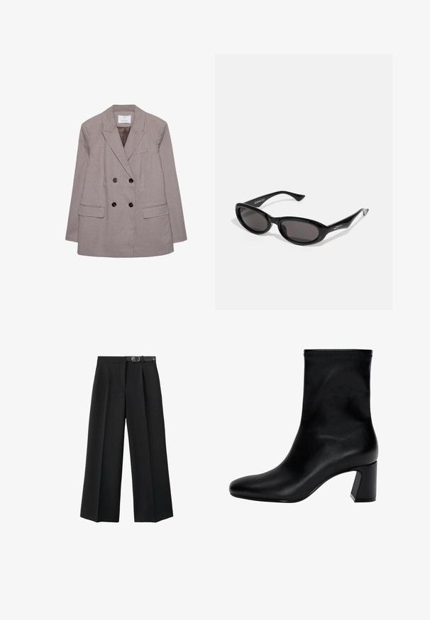 Valkoinen ja ruskea ruudullinen kaksirivinen bleiseri, jossa on suuret mustat napit ja läpällä varustetut kaulukset. Mukana kaksi etutaskua.; Vaahto beige huppari etutaskun ja kiristysnauhojen kanssa, jossa on pientä valkoista käsinkirjoitettua tekstiä vasemmassa rinnassa.; Valkoinen lyhythihainen t-paita, joka on valmistettu puuvillasta. Paita on pyöreällä kauluksella ja rentoa mallia, ilman näkyviä kuvioita tai graafisia elementtejä.; Mustat leveälahkeiset housut, jotka on valmistettu kudotusta kankaasta. Niissä on vyöllinen vyötärö, laskokset ja sileä pinta.; Musta nilkkuri, joka on valmistettu sileästä nahasta. Varustettu neliömäisellä kärjellä, joustavalla yläpäällä ja paksulla korolla vakauden vuoksi. Minimalistinen muotoilu.; Mustat ovaalit aurinkolasit tummilla linsseillä. Kehys on sulavalinjainen, hieman kiiltävää muovia, jossa on kulmikkaat päät ja hienovarainen brändäys templeissä.