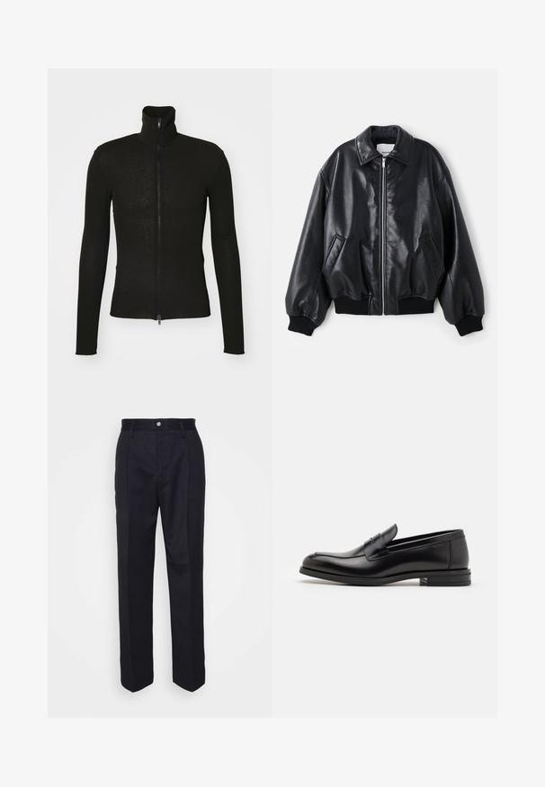 Černá kožená bomber jacket s předním zipem, velkým límcem, bočními kapsami a žebrovanými manžetami a lemem. Hladká, lesklá textura.; Černá bunda na zip vyrobená z texturované tkaniny, s dlouhými rukávy a vysokým límcem. Přední zip sahá od límce až po lem.; Bílý krátký rukáv bavlněné tričko s kulatým výstřihem. Jednoduchý design bez vzorů nebo detailů. Hladká textura.; Černé kalhoty na míru s rovně střiženým designem, vyrobené z hladké látky, s předním zapínáním na knoflík a dvěma bočními kapsami.; Černé kožené polobotky s hladkou texturou, zaoblenou špičkou a zdobným páskem přes nárt. Nízký stohovaný podpatek, minimalistický design.