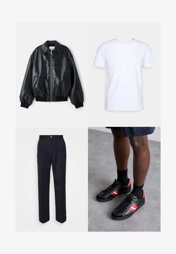 Melna ādas bumbvedēju jaka ar rāvējslēdzēju priekšā, lielu apkakli, sānu kabatām un ribotiem piedurkņu galiem un apakšmalu. Gluda, spīdīga tekstūra.; Balts īsām piedurknēm T-krekls no kokvilnas auduma ar apaļu kakla izgriezumu. Vienkāršs dizains bez rakstiem vai akcentiem. Gluda tekstūra.; Melnas piegrieztas bikses ar taisnu kāju dizainu, izgatavotas no gludas auduma, ar priekšējo pogu aizdari un divām sānu kabatām.; Melnas ādas kedas ar sarkaniem un baltiem svītrām, apaļš purngalis, melnas auklas un teksturēta virsma. Akcentētas ar logo uz sāniem.