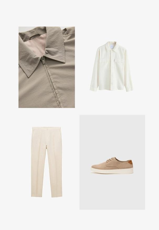 Jasnoszary żakiet z wyraźnym kołnierzem, zapinany na zamek, o gładkiej fakturze. Wyraźne detale szwów oraz podszewka w jaśniejszym odcieniu.; Kremowa koszula z długim rękawem, wykonana z teksturowanej tkaniny, z kołnierzykiem, dwiema kieszeniami na piersiach oraz mankietami z guzikami.; Beżowe lniane spodnie o prostym kroju, z płaskim przodem, dwiema bocznymi kieszeniami i pojedynczym zapięciem na hak w talii.; Beżowe zamszowe sneakersy z okrągłym noskiem, sznurowanym przodem i teksturowanym akcentem na tyle. Biała gumowa podeszwa tworzy kontrast. Prosty i nowoczesny design.