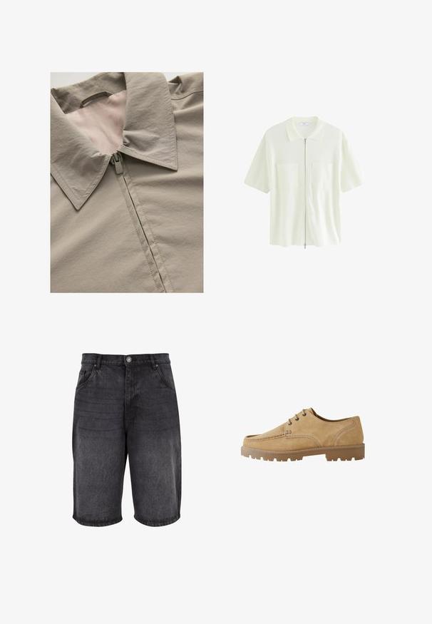 Šviesiai pilka striukė su smailiu apykakle, užtrauktuku ir lygiu paviršiumi. Aiškiai matomos siuvimo detalės ir pamušalas šviesesnėje atspalvyje.; Trumpas, baltas užtrauktuku užsegamas marškinėliai, pagaminti iš tekstūruoto audinio, su apykakle ir dviem priekinėmis kišenėmis su kvadratiniais dangteliais.; Juodos džinsinės šortai su laisvu kirpimu, penkių kišenių dizainu ir mygtuko uždarymu. Audinys turi lygų paviršių su subtiliu nusidėvėjimu.; Šviesiai rudos zomšinės batai su raišteliais, apvaliu pirštu, kontrastingomis siūlėmis ir storesniu guminiu padu su grublėta struktūra, užtikrinančia sukibimą.