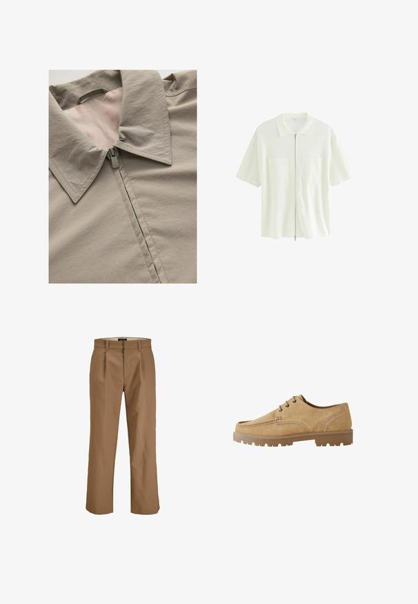 Chaqueta gris claro con cuello puntiagudo, cierre mediante cremallera y textura suave. Detalles de costura claramente visibles y forro en un tono más claro.; Camisa blanca de manga corta y cremallera, hecha de tela texturizada, con un cuello tipo polo y dos bolsillos frontales con solapas cuadradas.; Pantalones marrones de una tela suave, con un corte recto, pliegues en la parte delantera y presillas para el cinturón. Sin patrones ni acentos visibles.; Zapato de ante marrón claro con cordones, punta redondeada, costuras en contraste y suela de goma gruesa con un patrón de tacos para mayor tracción.