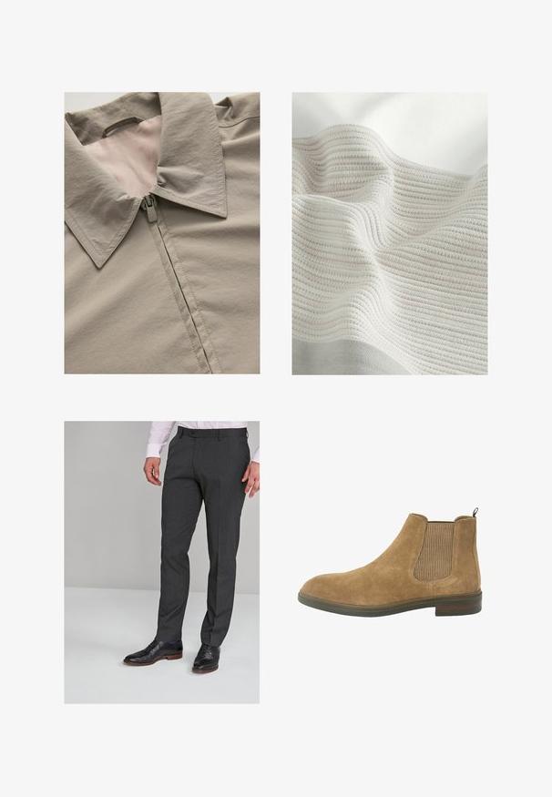 Gai pelēks žakets ar norādītu apkakli, rāvējslēdzēja aizdari un gludu tekstūru. Skaidri redzami šuvju detalizējumi un oderējums gaišākā tonī.; Tekstūru audums ar gaiši pelēkām un baltiem svītrām. Mīksts materiāls ar viļņotu izskatu, izceļot austā raksta un maigo krokaino struktūru.; Pelēkas piegrieztas bikses ar gludu tekstūru, ar plakanu priekšu un jostas cilpām, apvienotas ar melniem uzvalka apaviem.; Kādas zamša Chelsea zābaci tan krāsā ar elastīgiem sānu paneļiem, apaļu purngalu un cilpu; izturīga gumijas zole un tekstūrēta auduma akcenti.