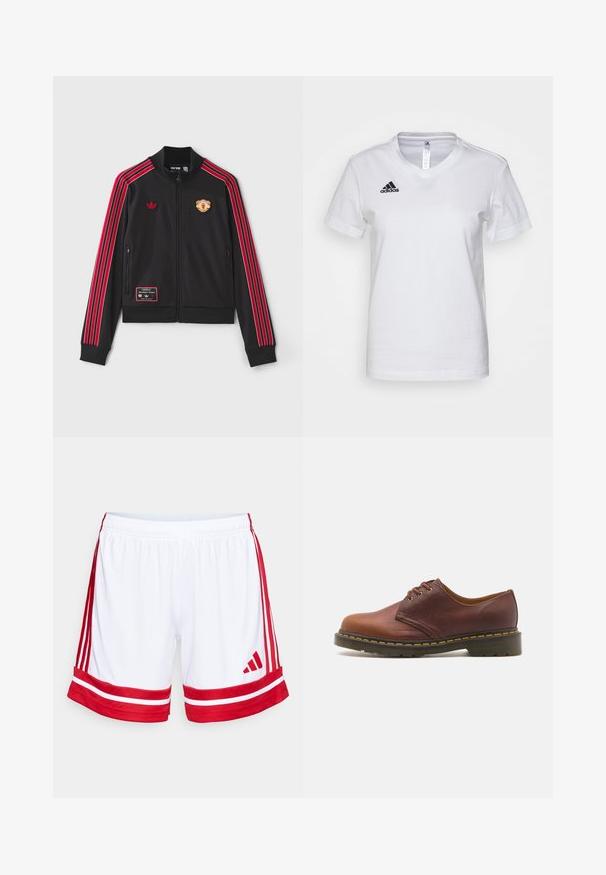 Chaqueta negra con cremallera y rayas rojas que recorren las mangas, logotipo bordado en el pecho y un parche en la parte inferior izquierda. Tejido suave.; Camiseta de algodón blanca con diseño de escote en V, mangas cortas y un logo negro de Adidas en el área del pecho izquierdo. Textura suave, ajuste clásico.; Pantalones cortos deportivos blancos con rayas y ribetes rojos a los lados. Cuentan con una cinturilla elástica y el logo de Adidas en rojo en la parte inferior izquierda.; Zapato de cuero marrón con un acabado suave, punta redonda y agujeros para cordones en cinco ojales. Presenta costuras amarillas a lo largo de la suela y un tacón texturizado.