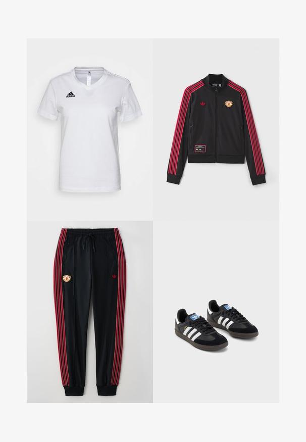 Juodas užtraukiamas džemperis su raudonomis juostomis, einančiomis žemyn per rankoves, siuvinėtai logotipu ant krūtinės ir pleistru kairiajame apatiniame kampe. Minkšta medžiaga.; Balti medvilninis marškinėliai su V formos iškirpte, trumpomis rankovėmis ir juodu Adidas logotipu kairėje krūtinės pusėje. Lygi tekstūra, klasikinis siluetas.; Juodos sportinės kelnės su raudonomis ir baltomis šoninėmis juostelėmis, kišenėmis su užtrauktukais, raišteliais apačioje ir siuvinėtu logotipu kairėje šlaunyje.; Juodi sportiniai bateliai su zomšos ir sintetine viršutine dalimi, turintys tris baltas juosteles, tekstūruotą gumos pado paviršių ir mėlyną logotipo etiketę ant liežuvėlio.