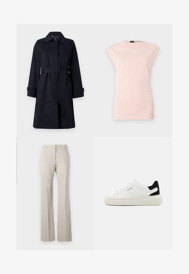 Tamsiai mėlynas paltas, pagamintas iš lygaus audinio, su dirželiu juosmens srityje, kišenėmis su dangteliais ir klasikiniu apykakle su mygtukų akcentais.; Šviesiai rožinė be rankovių palaidinė su apvaliu kaklu, subtiliais drapiruotais įsiliejimais ir dviem šoninėmis siūlėmis. Pagaminta iš minkštos, lygios medžiagos, turinčios lieknią siluetą.; Šviesiai rudos spalvos platėjančios kelnės su tekstūriniu audiniu, su lygia priekiu, plačiomis kojomis ir jokiais matomais metaliniais elementais.; Baltos odinės sportbačiai su storu baltu padu, juodu nubuko kulno akcentu ir iškilmingu logotipu šone. Su raišteliais, turinčiais šešis akinius.