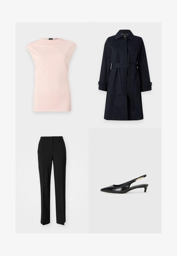 Trench coat blu navy realizzato in tessuto liscio, dotato di vita con cintura, tasche a patta e colletto classico con dettagli in bottoni.; Top senza maniche di un leggero rosa, con collo rotondo, drappeggio sottile e due dettagli sui fianchi. Realizzato in tessuto morbido e liscio, con una silhouette slanciata.; Pantaloni neri su misura con un design a gamba dritta, caratterizzati da una texture liscia e pieghe ben definite sul davanti. Senza hardware visibile.; Tacchi slingback in pelle nera con punta affusolata, caratterizzati da un tacco alto e un accento dorato sulla cinghia regolabile. Texture liscia.