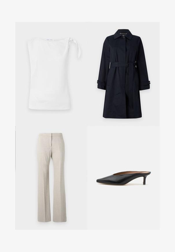 Navyblauwe trenchcoat van gladde stof, met een ceintuur in de taille, klepzakken en een klassieke kraag met knopenaccenten.; Witte mouwloze top met een asymmetrische halslijn en een gestrikt detail op de linkerschouder, gemaakt van een gladde, lichte stof.; Beige flared trousers van een geweven stof, met een platte voorkant, wijde benen en geen zichtbare hardware.; Zwarte leren muiltjes met een puntige neus en een lage, blokhak. Glad oppervlak met een gestroomlijnd ontwerp. Open achterkant met minimale details.