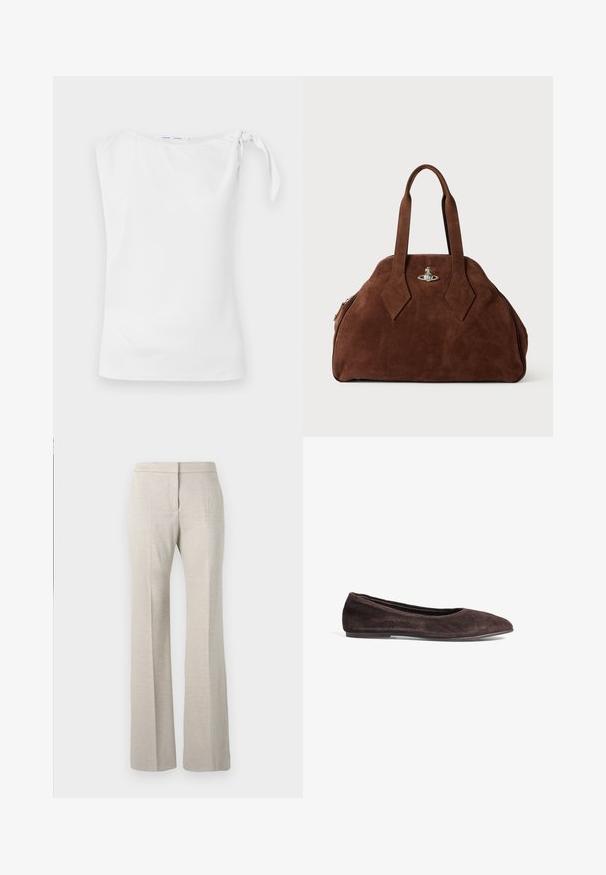 Navy blue trench coat made of smooth fabric, featuring a belted waist, flap pockets, and a classic collar with button accents.; White sleeveless top with an asymmetric neckline and a tied detail on the left shoulder, made from a smooth, lightweight fabric.; Beige flared trousers with a textured fabric, featuring a flat front, wide legs, and no visible hardware.; Brown suede ballet flat with a pointed toe and low profile. Features smooth texture and minimalistic design. No visible hardware or accents.; Brown suede handbag with a structured shape, rounded body, and elongated diamond-shaped handles. Features a silver hardware closure.